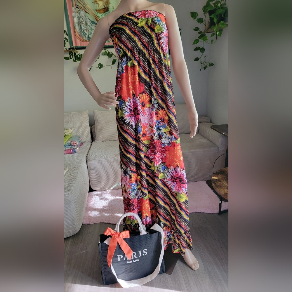 🌞Summer Sale🌞 Gorgeous Floral Multicolor Maxi Dress & Black Shoulder Tote Bag